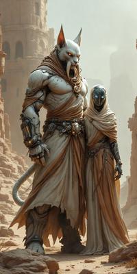 The primary subject of the image is a large robot or humanoid figure, standing next to a smaller figure, possibly a child or a robot companion. The setting appears to be a desert or a rocky landscape, with a mountainous background. The visual style of the image is digital art, as it is a detailed and intricate illustration. The colors and mood of the image are dark and dramatic, with the large robot figure dominating the scene.
